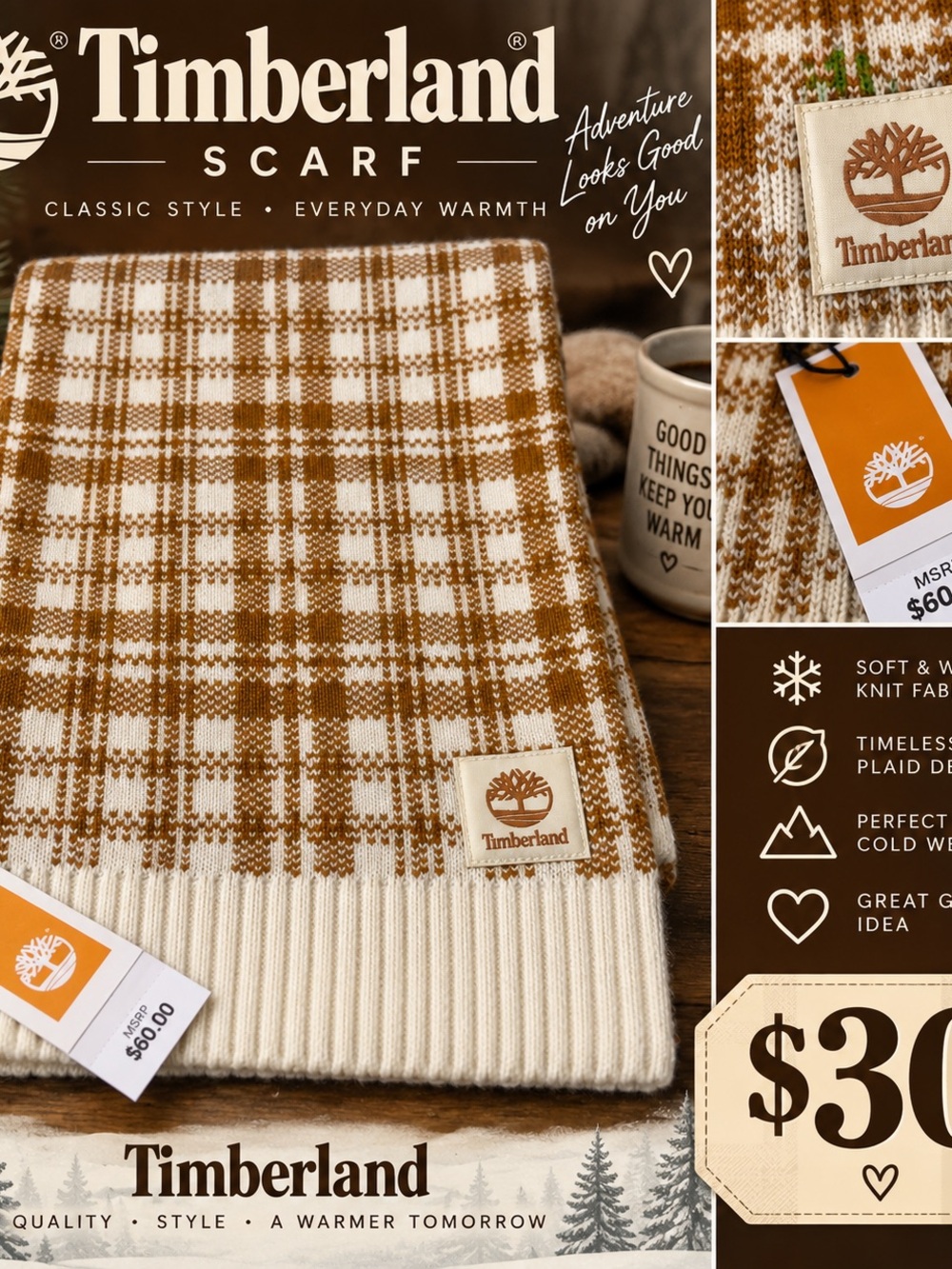 Timberland Cream & Brown Plaid Knit Scarf